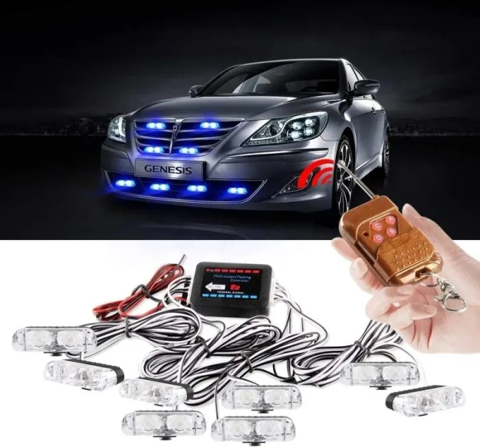 Car LED Strobe Light Wireless Remote Control Strobe grill Light 8 x 2LED 8 in 1 DC12V - Image 2