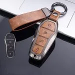 BYD Leather Car Key Case Cover Remote Fob Holder Metal Keychain
